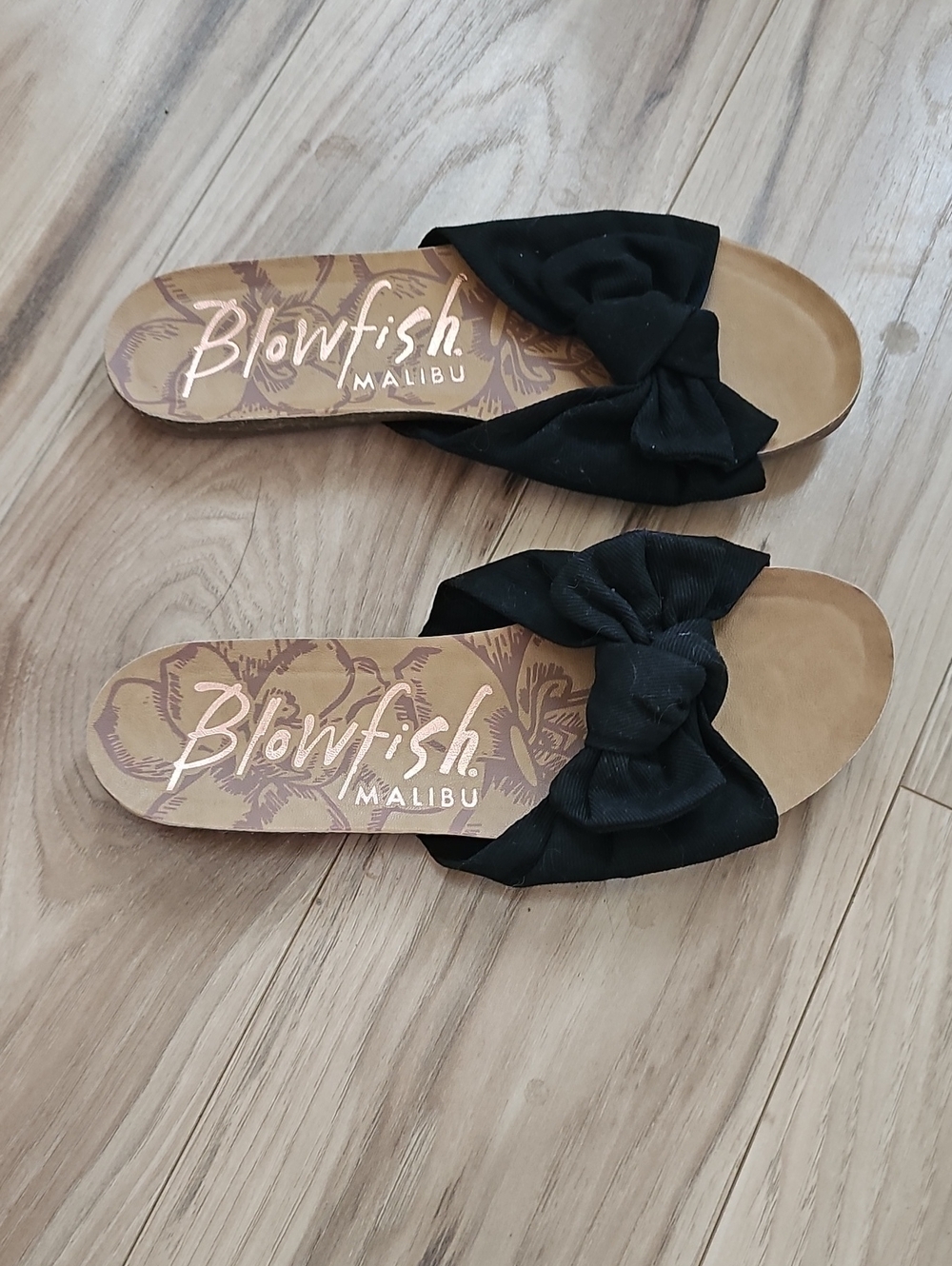 Blowfish Black Bow Slip-On Sandals with Tan Footbed